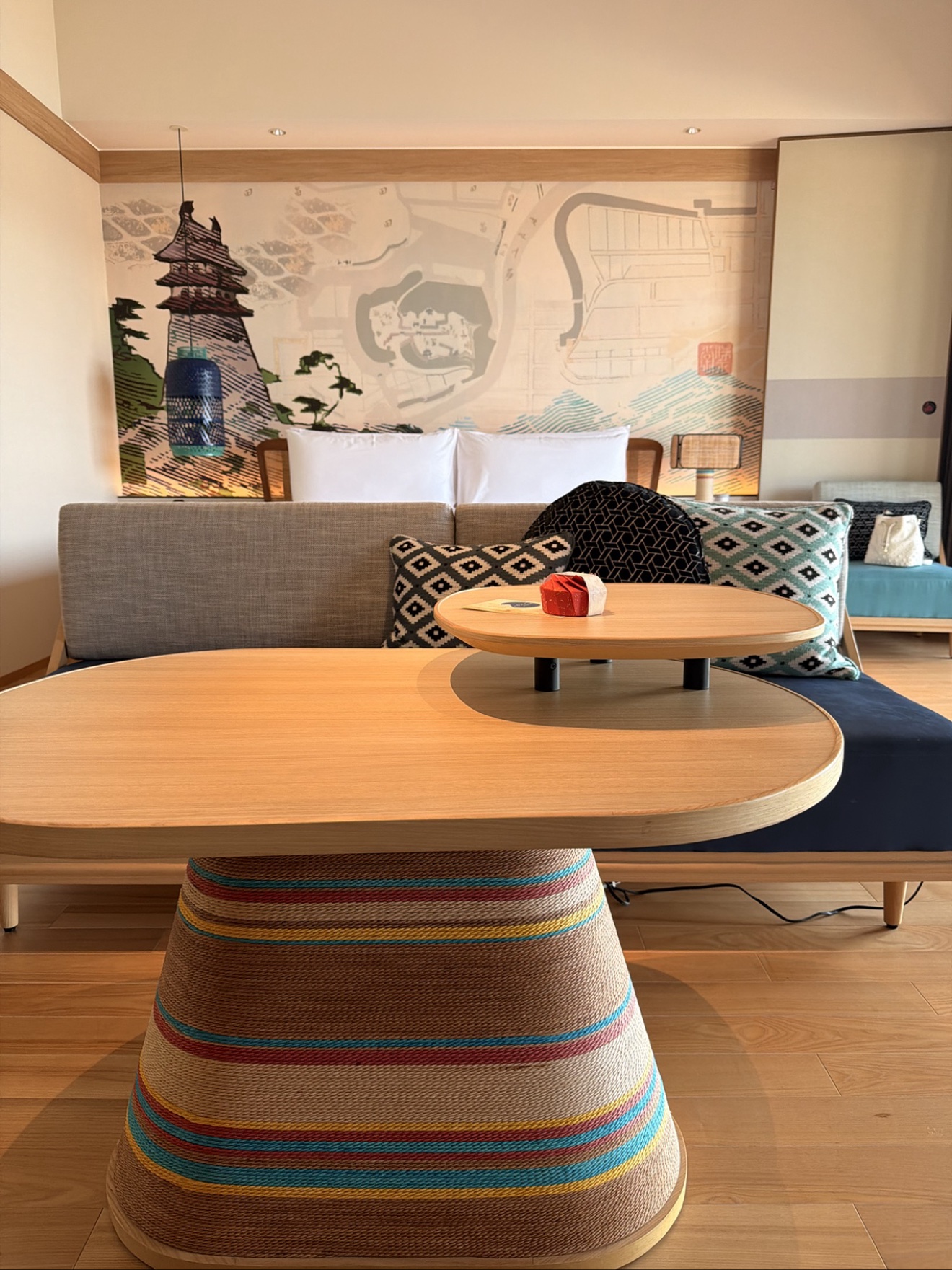 Two-tier table and sofa area