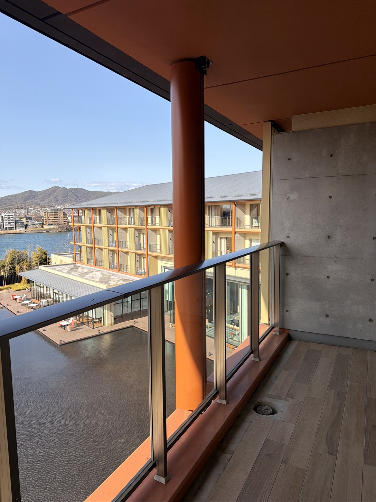 Hotel water feature and wing from the balcony