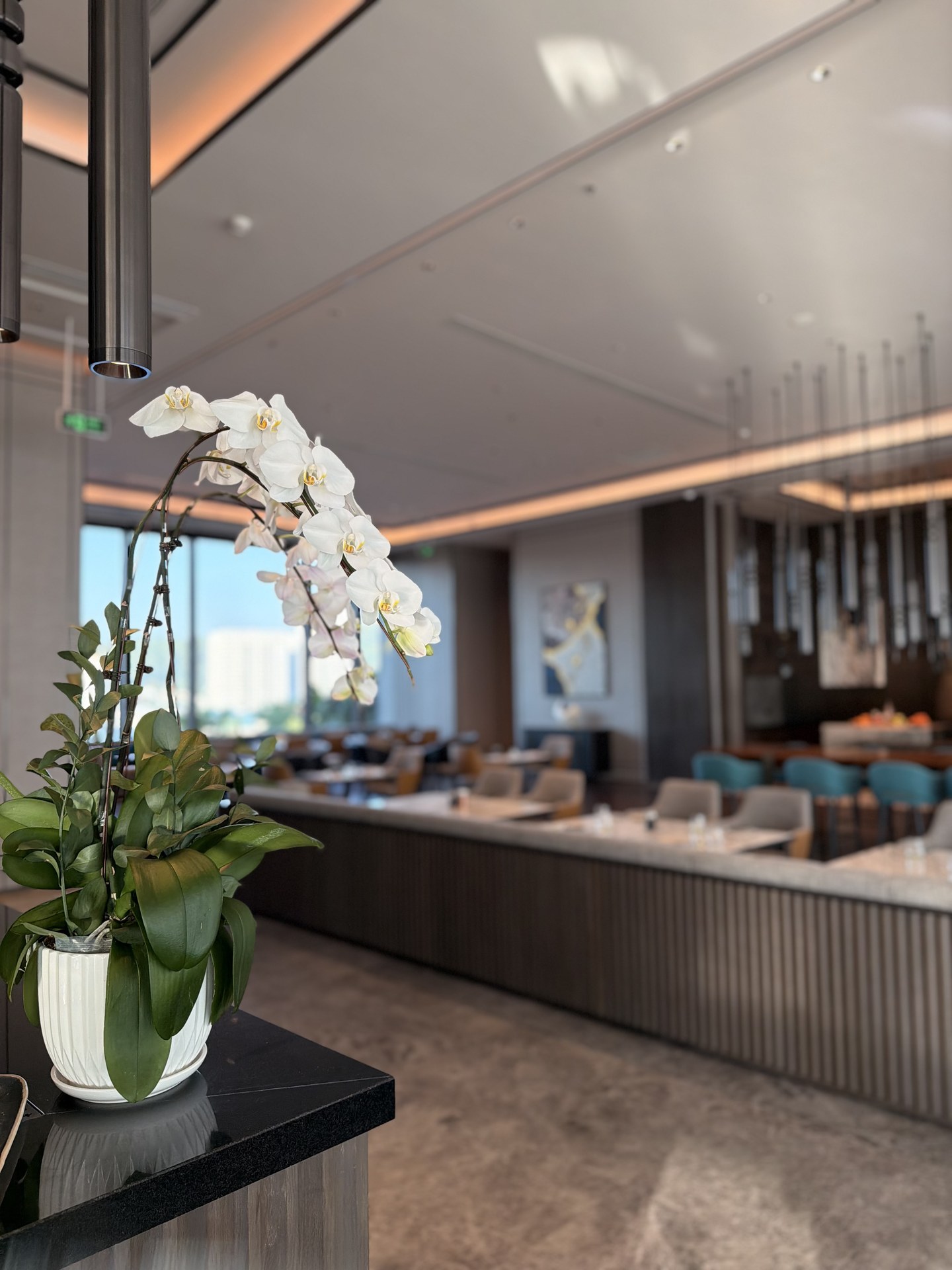 The bar counter, orchids in the foreground.