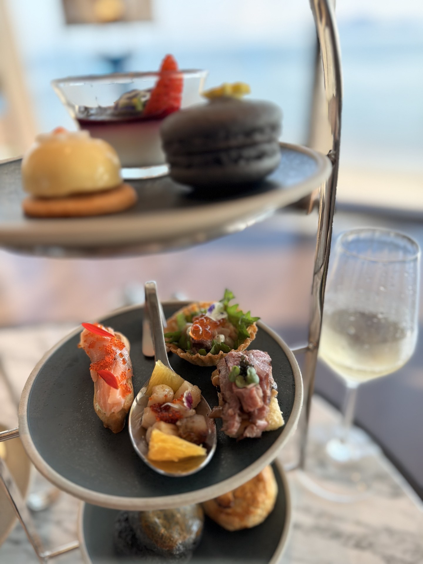 The savoury tier: seafood and beef bites.